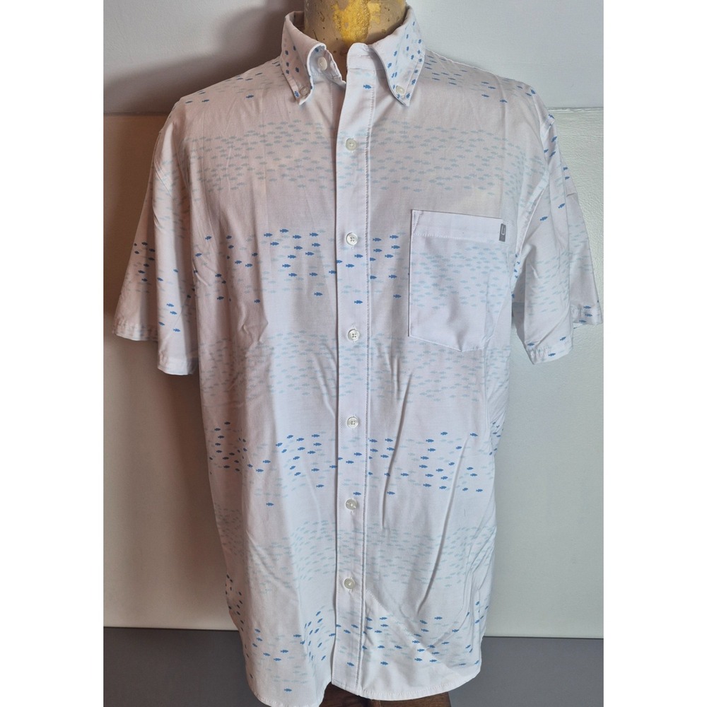 Huk Mens Button-Up Shirt Large White Blue Fish Print